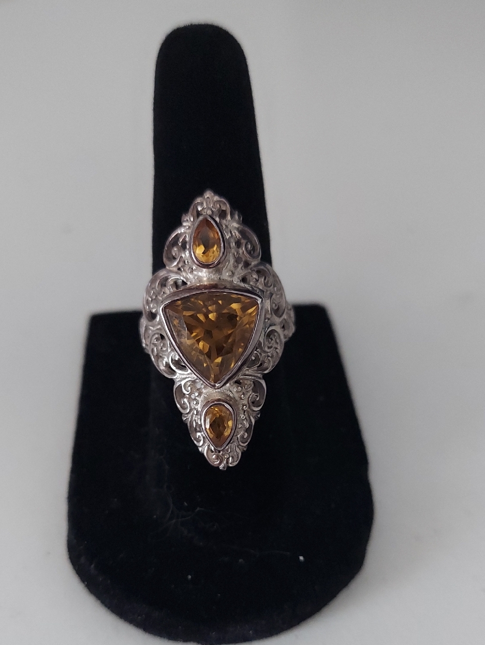 Sterling Silver Citrine-Style Marquise and Trillion Ring - Yellow Brown